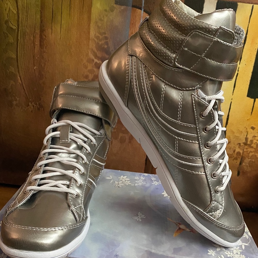 High top silver sneakers